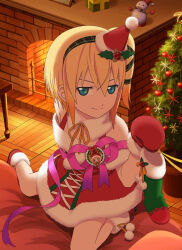 Rule 34 | 1girl, artist request, blonde hair, blue eyes, boots, box, brick, christmas stocking, christmas tree, dress, edna (christmas) (tales), fireplace, fur-trimmed boots, fur-trimmed dress, fur-trimmed gloves, fur-trimmed headwear, fur trim, gift, gift box, gloves, hair ribbon, hat, holding, holly hat ornament, indoors, mittens, pom pom (clothes), red mittens, ribbon, santa costume, santa hat, snowman, solo, tales of (series), tales of zestiria