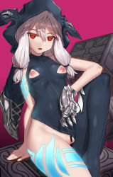 Rule 34 | 1girl, :o, arm support, asymmetrical clothes, bad id, bad pixiv id, bar censor, bare arms, bare shoulders, black bodysuit, bodysuit, censored, chain chronicle, cleft of venus, clothing aside, covered navel, cube, flower, gauntlets, hair flower, hair ornament, hair tie, hood, hood up, hooded bodysuit, knee up, long hair, looking at viewer, nippleless clothes, nipples, nt00, open mouth, pussy, red eyes, shiny skin, sidelocks, silver hair, single gauntlet, sitting, skin tight, solo, tattoo, tsurime, yuni (chain chronicle)