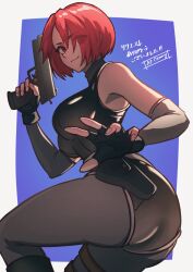 Rule 34 | 1girl, absurdres, ap cammy, ass, black gloves, black leotard, bodysuit, breasts, brown eyes, closed mouth, commentary, commission, dino crisis, elbow gloves, fingerless gloves, gloves, gun, handgun, highres, holding, holding gun, holding weapon, large breasts, leotard, looking at viewer, red hair, regina (dino crisis), short hair, skin tight, smile, solo, turtleneck, weapon