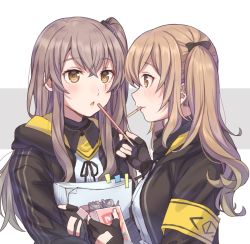 Rule 34 | 2girls, black border, black gloves, black jacket, black neckwear, border, bow, brown eyes, brown hair, closed mouth, commentary, feeding, food, girls&#039; frontline, gloves, hair bow, hair tie, holding, holding food, hood, hood down, hooded jacket, hoodie, jacket, long hair, long sleeves, looking at another, mouth hold, multiple girls, neck ribbon, open clothes, open jacket, open mouth, paper, pocky, ribbon, scar, scar across eye, scar on face, shirt, siblings, side ponytail, sisters, smile, totonii (totogoya), twintails, ump45 (girls&#039; frontline), ump9 (girls&#039; frontline), white shirt
