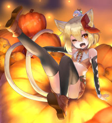 Rule 34 | 2girls, alternate costume, animal ears, araki (qbthgry), bare shoulders, bell, black legwear, blonde hair, bow, brown footwear, brown skirt, cat ears, cat tail, cirno, dated, detached sleeves, fang, flat chest, hair between eyes, hair bow, jingle bell, kemonomimi mode, leg up, medium hair, mini person, minigirl, multiple girls, multiple tails, open mouth, pumpkin, red bow, red eyes, rumia, shoes, simple background, skirt, tail, thighhighs, touhou, two tails