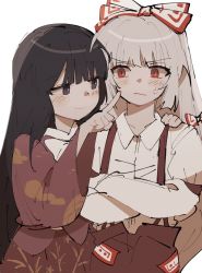 Rule 34 | 2girls, anger vein, arm strap, baggy pants, bamboo print, black hair, blouse, bow, cheek poking, cloud print, collared shirt, commentary, crossed arms, frown, fujiwara no mokou, full body, grey eyes, hair bow, hand on another&#039;s shoulder, highres, hime cut, houraisan kaguya, japanese clothes, long hair, long sleeves, looking at another, multiple girls, ofuda, ofuda on clothes, pants, pink shirt, poking, rbfnrbf (mandarin), red eyes, red pants, red skirt, shirt, skirt, smile, suspenders, touhou, white bow, white hair, white shirt, wide sleeves