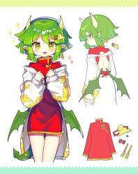 Rule 34 | 1girl, absurdres, alternate costume, blush, brown eyes, china dress, chinese clothes, draco centauros, dragon girl, dragon horns, dragon tail, dragon wings, dress, fang, green hair, hair ornament, hairclip, highres, horns, jacket, long sleeves, looking at viewer, offbeat, open mouth, pointy ears, puyopuyo, red dress, short hair, smile, solo, tail, white jacket, wings