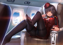 Rule 34 | 10s, 1girl, airplane interior, black bra, black hair, black pantyhose, bra, breasts, cameltoe, couch, date a live, feet, female focus, flight attendant, garrison cap, hat, heterochromia, highres, interior, leg lift, legs, long hair, long legs, looking at viewer, medium breasts, musyne xsk, no shoes, open mouth, panties, panties under pantyhose, pantyhose, red eyes, sitting, smile, solo, thighband pantyhose, toes, tokisaki kurumi, travel attendant, twintails, underwear, yellow eyes