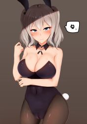 Rule 34 | 1girl, alternate costume, animal ears, blue eyes, blush, breasts, chiyo (pk19981234), cleavage, closed mouth, fake animal ears, grey background, hair between eyes, heart, highres, kantai collection, kashima (kancolle), large breasts, leotard, long hair, looking at viewer, pantyhose, playboy bunny, rabbit ears, sidelocks, silver hair, simple background, solo, spoken heart, twintails, wavy hair