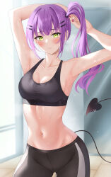 Rule 34 | 1girl, absurdres, alternate costume, alternate hairstyle, armpits, arms up, asymmetrical hair, black bra, black pants, blush, bra, breasts, cleavage, collarbone, commentary, contrapposto, cowboy shot, demon tail, ear piercing, green eyes, green nails, hair ornament, hairclip, highres, hololive, indoors, large breasts, long hair, looking at viewer, multicolored nails, multiple piercings, nail polish, navel, navel piercing, pants, parted lips, piercing, purple hair, red nails, shinigami kiraki, side ponytail, solo, sports bra, standing, stomach, sunlight, sweat, tail, tail ornament, tail piercing, tight clothes, tight pants, tokoyami towa, underwear, virtual youtuber, wooden floor, yoga pants