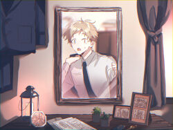 Rule 34 | 1boy, black jacket, black necktie, blonde hair, blurry, buttons, collared shirt, curtains, dress shirt, envelope, highres, indoors, jacket, unworn jacket, kagerou project, kano shuuya, key, lantern, long sleeves, looking at viewer, male focus, mekakucity actors, mirror, mokemoke chan, necktie, open mouth, paper, photo (object), picture frame, plant, pocket, potted plant, shirt, short hair, sketch, suit jacket, surprised, sweat, table, upper body, white shirt, window, yellow eyes