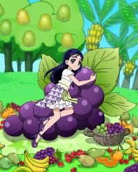 Rule 34 | 1girl, alternate size, artist request, banana, blue eyes, blue hair, commentary, english commentary, eyelashes, food, fruit, futari wa precure, grapes, hair ornament, hairclip, happy, high heels, highres, long hair, looking at viewer, official art, orange (fruit), precure, precure connection puzzlun, smile, solo, strawberry, third-party source, yukishiro honoka