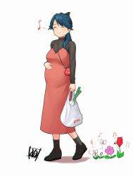 Rule 34 | 1girl, bag, beamed sixteenth notes, black footwear, black socks, blue hair, bow, dress, eighth note, flower, green bow, hair bow, hand on own stomach, handbag, holding, holding bag, houshou (kancolle), humming, kantai collection, long hair, long sleeves, musical note, outdoors, pregnant, red dress, shopping bag, socks, solo, spring onion, standing, tadokoro nurikabe, treble clef, white background