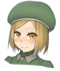 Rule 34 | 1girl, beret, blonde hair, blush, closed mouth, fate/grand order, fate (series), genn804ss, green shirt, hat, highres, looking at viewer, paul bunyan (fate), portrait, shirt, short hair, smile, solo, yellow eyes