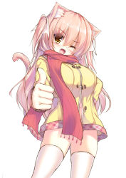 Rule 34 | 1girl, ;d, animal ears, cat ears, cat tail, fangs, long hair, no pants, one eye closed, open mouth, original, pink hair, red scarf, scarf, shia flatpaddy, smile, solo, syroh, tail, thighhighs, thumbs up, two side up, white thighhighs, yellow eyes