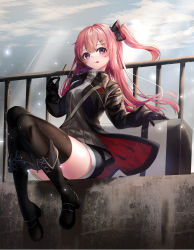 Rule 34 | 1girl, ambriel (arknights), arknights, black footwear, black gloves, black jacket, black shorts, black thighhighs, boots, bow, case, closed mouth, food, gloves, grey shirt, hair bow, hair ornament, hairclip, highres, holding, jacket, long hair, long sleeves, looking at viewer, one side up, open clothes, open jacket, outdoors, pink hair, pocky, purple eyes, railing, rukinya (nyanko mogumogu), shirt, short shorts, shorts, smile, solo, strap, thighhighs, tongue, tongue out, turtleneck