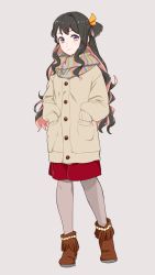 Rule 34 | 10s, 1girl, black hair, boots, casual, coat, fringe trim, full body, hands in pockets, kantai collection, leather, leather boots, long hair, multicolored hair, naganami (kancolle), ojipon, pantyhose, pink hair, scarf, skirt, smile, solo, yellow eyes