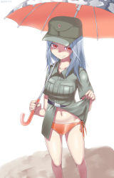 Rule 34 | 1girl, alleberger (milihime taisen), backlighting, belt, belt skirt, breasts, buttons, camouflage, colored eyelashes, dated, flashing, grin, hat, holding, long hair, milihime taisen, military, military uniform, naughty face, navel, orange panties, over shoulder, panties, pocket, red eyes, short sleeves, side-tie panties, silver bell (artist), silver hair, simple background, smile, solo, standing, umbrella, underwear, uniform, white background