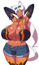 Rule 34 | 1girl, animal ears, armpits, arms behind head, blue eyes, bra, breasts, cat ears, cat girl, curvy, denim, denim shorts, elbow gloves, eyewear on head, female focus, gigantic breasts, gloves, goggles, groin, highres, hip focus, huge breasts, kaiten muten-maru, long hair, naughty face, open mouth, pants, ponytail, sasaki tatsuya, shamu meruruusa, shorts, simple background, smile, solo, standing, thick thighs, thighhighs, thighs, unbuttoned, underwear, unzipped, very long hair, white background, white hair, wide hips