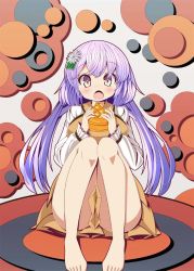 Rule 34 | 1girl, bad id, bad pixiv id, barefoot, dress, eating, flower, food, hair flower, hair ornament, long hair, oimo (imoyoukan), open mouth, pie, purple eyes, purple hair, sitting, solo, touhou, tsukumo benben, twintails
