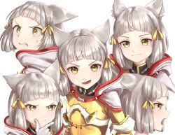 Rule 34 | 1girl, absurdres, animal ear fluff, animal ears, arched bangs, cat ears, commentary, eilier project, eyelashes, glint, gloves, grey hair, highres, medium hair, multiple views, nia (xenoblade), open mouth, simple background, smile, sweat, thinking, v-shaped eyebrows, white background, white gloves, xenoblade chronicles (series), xenoblade chronicles 2, yellow eyes