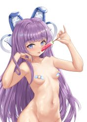 Rule 34 | 1girl, absurdres, animal ears, arm up, azur lane, bandaid, bandaids on nipples, blue eyes, blue ribbon, blunt bangs, blush, breasts, chinese commentary, collarbone, commentary request, fake animal ears, food, groin, hair ribbon, hand up, highres, holding, holding food, long hair, looking at viewer, navel, nude, pasties, popsicle, purple eyes, ribbon, saliva, saliva trail, shenqi (toid310), simple background, small breasts, solo, stomach, tashkent (azur lane), tongue, tongue out, very long hair, white background