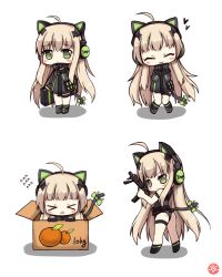 Rule 34 | &gt; &lt;, 1girl, :3, ahoge, animal ear headphones, animal ears, black jacket, black leotard, blonde hair, blush, bow, box, cat ear headphones, cat ears, cat tail, character name, chibi, commentary request, fake animal ears, flying sweatdrops, food, fruit, geukhan taeyang, girls&#039; frontline, green bow, green eyes, gun, hair between eyes, headphones, heart, holding, holding gun, holding weapon, in box, in container, jacket, knees together feet apart, leotard, long hair, looking at viewer, looking back, multiple views, open mouth, orange (fruit), sidelocks, simple background, b&amp;t mp9, submachine gun, tail, tail bow, tail ornament, thigh strap, tmp (girls&#039; frontline), triangle mouth, very long hair, weapon, weapon bag, white background