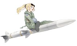 Rule 34 | 1girl, :d, aim-120 amraam, air-to-air missile, beyond-visual-range missile, black footwear, blonde hair, blue eyes, boots, eyewear on head, freckles, from side, green jacket, green pants, unworn headwear, helmet, unworn helmet, highres, jacket, long hair, long sleeves, military, military uniform, missile, mochi (circle rin), open mouth, original, pants, pilot helmet, ponytail, riding bomb, simple background, smile, solo, sunglasses, surface-to-air missile, uniform, white background
