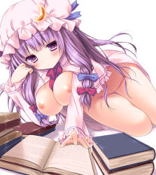 Rule 34 | 1girl, blush, book, breasts, crescent, crescent hair ornament, female focus, hair ornament, hat, kino konomi, konomi (kino konomi), large breasts, long hair, looking at viewer, mob cap, nipples, open book, open mouth, patchouli knowledge, purple eyes, purple hair, reading, solo, team shanghai alice, touhou, white background