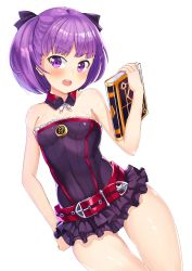 Rule 34 | 1girl, 2drr, absurdres, bare shoulders, belt, bob cut, book, breasts, fate/grand order, fate (series), helena blavatsky (fate), highres, holding, holding book, looking at viewer, open mouth, purple eyes, purple hair, short hair, simple background, small breasts, smile, solo, sefirot, white background