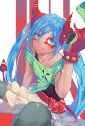 Rule 34 | 1girl, blouse, blue eyes, blue hair, bracelet, commentary, gloves, green shirt, grey thighhighs, hair between eyes, hand up, hatsune miku, highres, holding, horns, jewelry, lips, litra (ltr0312), looking at viewer, off shoulder, parted lips, pink lips, project diva (series), project diva x, red gloves, shirt, sitting, smile, solo, spiked bracelet, spikes, thighhighs, twintails, vocaloid