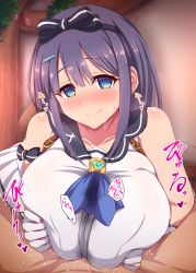 Rule 34 | 1boy, 1girl, bare shoulders, blue eyes, blush, breasts, breasts squeezed together, gloves, hairband, hetero, ikue fuuji, large breasts, looking at viewer, medium hair, misora (princess connect!), paizuri, paizuri under clothes, princess connect!, purple hair, smile, split mouth
