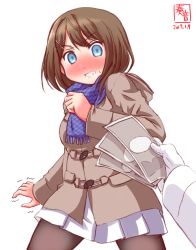 Rule 34 | 1boy, 1girl, admiral (kancolle), alternate costume, artist logo, black pantyhose, blue eyes, blush, brown hair, casual, coat, commentary request, dated, full-face blush, gloves, hair ornament, highres, holding, kanon (kurogane knights), kantai collection, long sleeves, maya (kancolle), money, out of frame, pantyhose, pleated skirt, pov, pov hands, revision, scarf, short hair, simple background, sketch, skirt, surprised, sweat, trembling, white background, white gloves, white skirt, winter clothes, winter coat, x hair ornament