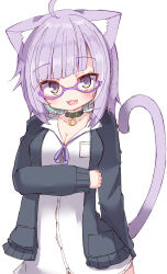 Rule 34 | 1girl, :d, absurdres, ahoge, animal ear fluff, animal ears, black collar, black jacket, blush, breasts, cat ears, cat girl, cat tail, cleavage, collar, collarbone, collared shirt, commentary request, dress shirt, fang, glasses, highres, hololive, jacket, long sleeves, looking at viewer, medium breasts, neck ribbon, nekomata okayu, nekomata okayu (oversized shirt), official alternate costume, open clothes, open jacket, open mouth, puffy long sleeves, puffy sleeves, purple-tinted eyewear, purple eyes, purple hair, purple ribbon, ribbon, shirt, simple background, smile, solo, tail, tinted eyewear, umberblack, virtual youtuber, white background, white shirt
