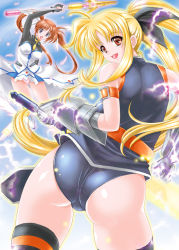 Rule 34 | 00s, 2girls, armband, ass, bardiche (nanoha), blonde hair, blue eyes, brown hair, fate testarossa, fate testarossa (true sonic form), from behind, hair ribbon, itachou, long hair, looking back, lyrical nanoha, mahou shoujo lyrical nanoha, mahou shoujo lyrical nanoha strikers, multiple girls, panties, pink panties, polearm, purple eyes, raising heart, raising heart (exceed mode), red eyes, ribbon, smile, spear, takamachi nanoha, takamachi nanoha (exceed mode), thighhighs, twintails, underwear, very long hair, weapon