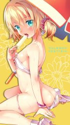 Rule 34 | 10s, 1girl, ass, bikini, blonde hair, bracelet, breasts, copyright name, edna (tales), edna (water-averse girl) (tales), female focus, floral background, food, green eyes, jewelry, looking at viewer, looking back, official alternate costume, open mouth, parasol, popsicle, sexually suggestive, shoes, short hair, short twintails, shuragyoku mami, sideboob, simple background, sitting, small breasts, solo, swimsuit, tales of (series), tales of zestiria, teeth, tongue, tongue out, twintails, umbrella, upper teeth only, wariza, wet, yellow background