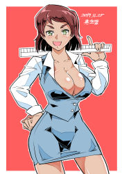 Rule 34 | 1girl, absurdres, alternate costume, artist name, blue skirt, blue vest, blunt ends, bob cut, breasts, brown hair, cleavage, commentary, cowboy shot, dark-skinned female, dark skin, dated, dress shirt, girls und panzer, green eyes, hand on own hip, highres, holding, large breasts, long sleeves, looking at viewer, miniskirt, no bra, office lady, one-hour drawing challenge, open mouth, outline, pencil skirt, red background, ruler, shinkuukan (tetsuo3), shirt, signature, skirt, smile, solo, standing, swept bangs, tristana (girls und panzer), vest, white outline, white shirt