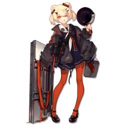Rule 34 | 1girl, animal ears, arknights, bear ears, blonde hair, female focus, food-themed hair ornament, frying pan, gummy (arknights), hair ornament, hair ribbon, hairclip, high heels, jacket, looking at viewer, official art, one eye closed, orange pantyhose, oversized clothes, pale skin, pantyhose, pumps, red eyes, ribbon, sailor collar, sailor shirt, shield, shirt, skade, smile, solo, tongue, tongue out, transparent background