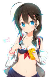 Rule 34 | 10s, 1girl, absurdres, ahoge, alcohol, artist name, backlighting, backpack, bag, beer, bikini, black bikini, blue eyes, blush, braid, breasts, brown hair, clothes pull, collarbone, dated, female focus, hair flaps, hair ornament, hair over shoulder, hair ribbon, highres, holding, hose, kantai collection, long hair, looking at viewer, medium breasts, navel, parted lips, ragho no erika, randoseru, ribbon, shigure (kancolle), shigure kai ni (kancolle), signature, simple background, single braid, smile, solo, sweater, sweater pull, swimsuit, tress ribbon, upper body, white background