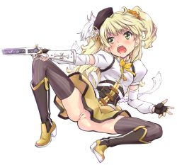 Rule 34 | 1girl, beret, blonde hair, blush, boots, breasts, cleft of venus, corset, cosplay, detached sleeves, female focus, fingerless gloves, full body, gloves, gun, hair ornament, hair scrunchie, hat, highres, holding, holding gun, holding weapon, idolmaster, idolmaster cinderella girls, jougasaki rika, knee up, long hair, looking to the side, magical musket, mahou shoujo madoka magica, no panties, open mouth, puffy short sleeves, puffy sleeves, pussy, scrunchie, shirt, short sleeves, simple background, skirt, solo, spread legs, striped clothes, striped thighhighs, suzuki24, thighhighs, third-party edit, tomoe mami, tomoe mami (cosplay), tomoe mami (magical girl), two side up, uncensored, vertical-striped clothes, vertical-striped thighhighs, weapon, white background, yellow eyes