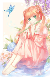Rule 34 | 1girl, absurdres, anklet, bad id, bad pixiv id, barefoot, bell, blunt bangs, bug, butterfly, chinese clothes, double bun, dress, feet, flower, flute, full body, green eyes, hair bun, hair flower, hair ornament, highres, hydrangea, insect, instrument, jewelry, jingle bell, long sleeves, long yu, looking at viewer, necklace, orange hair, original, pink dress, sitting, smile, soaking feet, solo, sparkle, toes, twintails, water, wisteria