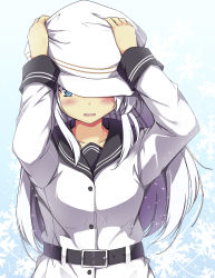 Rule 34 | 10s, 1girl, belt, belt buckle, black sailor collar, blue eyes, blush, buckle, buttons, collarbone, commentary, hair between eyes, hat, hat holding, hibiki (kancolle), highres, kantai collection, long hair, long sleeves, looking at viewer, neckerchief, one eye covered, open mouth, sailor collar, school uniform, serafuku, sheita, silver hair, solo, verniy (kancolle), white hat