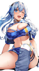 Rule 34 | 1girl, ;d, absurdres, bandeau, banned artist, belko, blue bandeau, blue eyes, blue hair, blue skirt, breasts, cleavage, cropped jacket, gotland (kancolle), headphones, headset, highres, jacket, kantai collection, large breasts, long hair, looking at viewer, microphone, midriff, mole, mole under eye, official alternate costume, one eye closed, open mouth, ponytail, race queen, sitting, skirt, smile, solo, thighhighs, white jacket, white over-kneehighs, white thighhighs