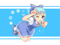 Rule 34 | 1girl, ;q, blue background, blue eyes, blue hair, bow, character name, cirno, dress, flying, full body, hair bow, hand on own head, highres, legs folded, looking at viewer, mary janes, matching hair/eyes, one eye closed, petite, puffy short sleeves, puffy sleeves, shoes, short hair, short sleeves, simple background, snowflakes, socks, solo, tongue, tongue out, touhou, v, wings, wink, yu (unleashedrage)