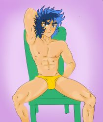 Rule 34 | 1boy, abs, absurdres, adandom, arm behind head, blue eyes, blue hair, bulge, chair, character request, feet out of frame, highres, looking at viewer, male focus, male swimwear, navel, on chair, pectorals, purple background, saint seiya, simple background, sitting, solo, source request, spread legs, swim briefs, swimsuit, yellow male swimwear, yellow swim briefs