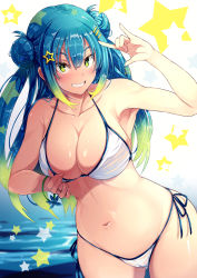 Rule 34 | 1girl, \m/, arm up, armpits, bikini, blue hair, blush, breasts, collarbone, commentary request, cowboy shot, double bun, gluteal fold, gradient background, gradient hair, green hair, grin, hair between eyes, hair bun, hair ornament, hairclip, halterneck, highres, large breasts, long hair, multicolored hair, navel, opanchu (hakusen), original, side-tie bikini bottom, sidelocks, smile, solo, star (symbol), star hair ornament, stomach, swimsuit, thighs, two side up, water, white background, white bikini, yellow eyes