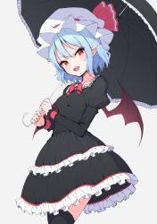 Rule 34 | 1girl, :d, bat wings, black dress, black thighhighs, blue hair, blush, breasts, dress, fang, frilled dress, frilled sleeves, frills, junior27016, long sleeves, looking at viewer, open mouth, pointy ears, puffy sleeves, red eyes, remilia scarlet, short hair, simple background, small breasts, smile, solo, thighhighs, touhou, umbrella, wings
