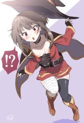 Rule 34 | !?, 10s, 1girl, absurdres, belt, black gloves, black thighhighs, blush, boots, breasts, brown footwear, brown hair, cape, chestnut mouth, chomusuke, cleavage, collar, collarbone, commentary request, dress, fingerless gloves, gloves, hat, highres, inu (aerodog), kono subarashii sekai ni shukufuku wo!, long sleeves, medium breasts, megumin, open mouth, panties, red dress, short hair with long locks, single thighhigh, skindentation, thighhighs, underwear, witch hat