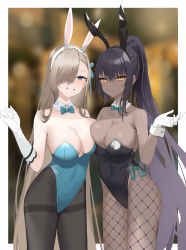 Rule 34 | 2girls, :d, animal ears, asuna (blue archive), asuna (bunny) (blue archive), asymmetrical docking, bare shoulders, black hair, black hairband, black leotard, black pantyhose, blue archive, blue bow, blue eyes, blue leotard, blue neckwear, blurry, blurry background, blush, border, bow, bowtie, breast press, breasts, brown hair, cleavage, closed mouth, collarbone, covered navel, dark-skinned female, dark skin, depth of field, detached collar, elbow gloves, fake animal ears, fishnet legwear, fishnets, gloves, hair over one eye, hairband, hand up, high ponytail, highres, karin (blue archive), karin (bunny) (blue archive), large breasts, leotard, long hair, looking at viewer, mole, mole on breast, multiple girls, open mouth, outside border, pantyhose, playboy bunny, rabbit ears, skh, smile, straight hair, strapless, strapless leotard, thighband pantyhose, traditional bowtie, very long hair, white border, white gloves, white hairband, wrist cuffs, yellow eyes
