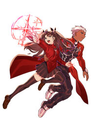 Rule 34 | 1boy, 1girl, archer (fate), black pants, black shirt, black skirt, black thighhighs, brown footwear, brown hair, closed mouth, coat, dark-skinned male, dark skin, dynamic pose, fate/stay night, fate (series), finger gun, frown, gem, green eyes, hal (haaaalhal), hand on another&#039;s waist, highres, long hair, long sleeves, magic, pants, pectorals, red coat, red gemstone, red sweater, shirt, short hair, skirt, socks, steel-toe boots, sweater, thighhighs, tohsaka rin, twintails, white hair, white socks