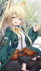 Rule 34 | 1girl, :d, absurdres, animal ear fluff, animal ears, arknights, belt, belt pouch, black choker, black skirt, black thighhighs, blonde hair, choker, coat, dog ears, garter straps, green coat, green eyes, highres, long hair, long sleeves, looking at viewer, neck ribbon, open clothes, open coat, open mouth, plant, podenco (arknights), pouch, ribbon, shirt, sitting, skirt, smile, solo, thighhighs, white shirt, yellow ribbon, yuki kawachi