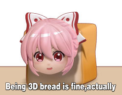 Rule 34 | 1girl, 3d, :d, blush, bow, bread, chinese commentary, commentary request, english text, food, fujiwara no mokou, hair between eyes, hair bow, i don&#039;t want to be bread (meme), jokanhiyou, looking at viewer, meme, open mouth, pink hair, red eyes, shadow, short hair, simple background, smile, solo, touhou, white background, white bow