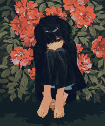 Rule 34 | 1girl, barefoot, black hair, blue eyes, bush, feet, flower, highres, ka (marukogedago), looking at viewer, nature, on ground, original, outdoors, own hands clasped, own hands together, parted lips, short hair, sitting, solo, toes
