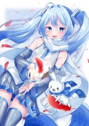 Rule 34 | 1girl, absurdly long hair, ahoge, animal, bare shoulders, blue eyes, blue hair, blue necktie, blue scarf, commentary, cowboy shot, detached sleeves, earmuffs, falling feathers, feathers, glowing, grey skirt, grey sleeves, grey thighhighs, hair intakes, hair ornament, hatsune miku, highres, light blue hair, light blush, light smile, long hair, looking at viewer, miniskirt, necktie, open mouth, paya (alunair), pleated skirt, rabbit, rabbit yukine, scarf, shiny clothes, shirt, shoulder tattoo, skindentation, skirt, sleeveless, sleeveless shirt, snowflake print, tattoo, thighhighs, twintails, very long hair, vocaloid, white scarf, white shirt, yuki miku, yuki miku (2011), zettai ryouiki